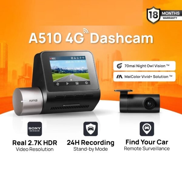 70mai A510 Dash Cam Dual Vision Car Recorder with GPS ADAS Add-On 4G Hardwire Kits